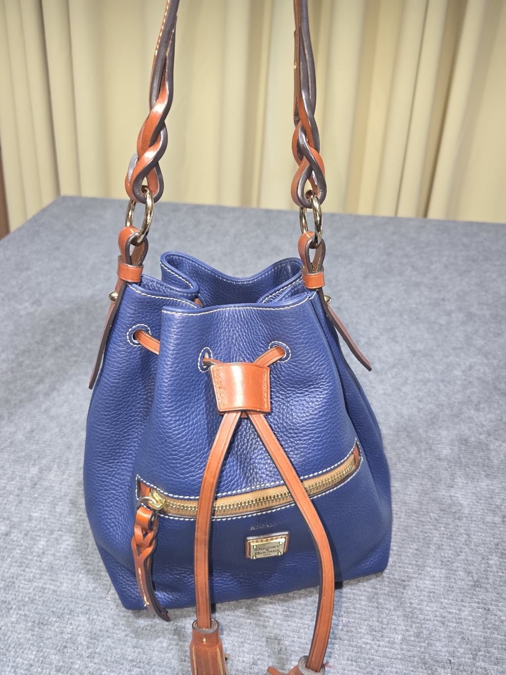 Dooney & Bourke Dillen II Navy Blue Pebbled Leather Drawstring Bucket Bag